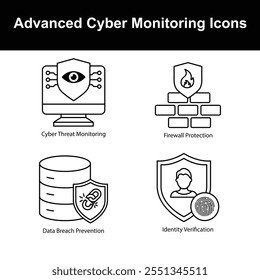 Ícones avançados de monitoramento cibernético: monitoramento de ameaças cibernéticas, prevenção contra violação de dados, verificação de identidade, proteção por firewall