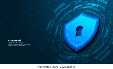 Advanced cyber security shield banner digital protection keyhole binary code technology background vector