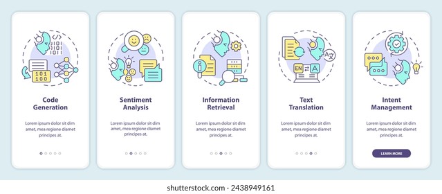 Advanced data applications onboarding mobile app screen. Walkthrough 5 steps editable graphic instructions with linear concepts. UI, UX, GUI template. Myriad Pro-Bold, Regular fonts used