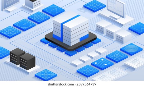 Advanced data center featuring interconnected servers, data blocks, and digital interfaces. Showcasing cutting-edge data storage solutions, robust analytics, and efficient network infrastructure.