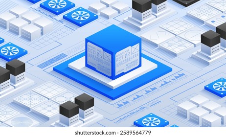 Advanced Data Infrastructure. Sophisticated data center with interconnected servers and cooling systems. Showcasing innovation in digital infrastructure and high-performance computing technology