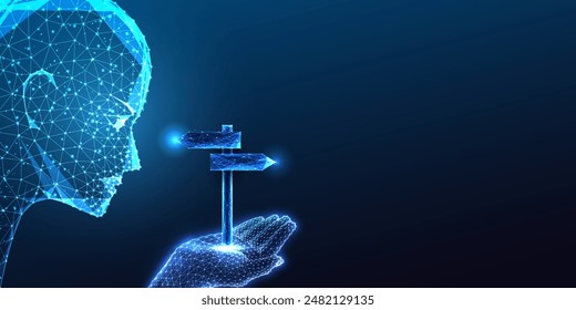 Advanced decision-making, decision support through AI futuristic concept with humanoid head ponders options. Glowing low polygonal style on blue background. Modern abstract design vector illustration.