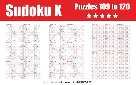 Avanzados rompecabezas Diagonal Sudoku X, conjunto 109 a 120 con soluciones. Diseñado para los aficionados al rompecabezas, que ofrece un desafío complejo y atractivo para mejorar las habilidades lógicas.