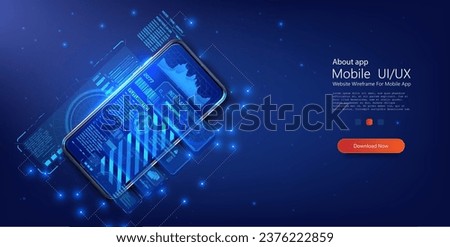 Advanced Digital Analytics Dashboard Displayed on Sleek Smartphone with Holographic Data Visualizations on Deep Blue Backdrop. Smartphone with business graph and analytics data, top view. Vector