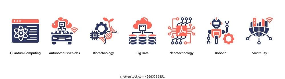 Ilustración vectorial de iconos de Anuncio de Web de Inteligencia Digital Avanzada con Computación Cuántica, Vehículos Autónomos, Biotecnología, Big Data, Nanotecnología, Robótica y Smart City.