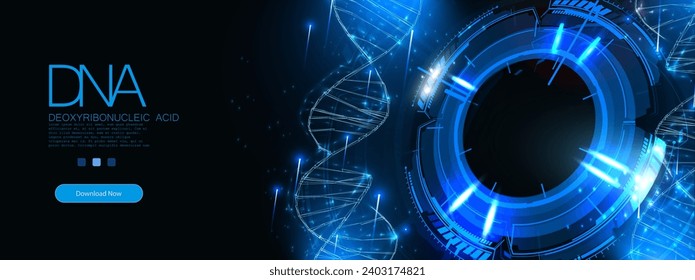 Advanced Digital Technology and Science Concept with DNA Helix and Futuristic Interface Elements. DNA data storage or synthetic biology. Vector illustration