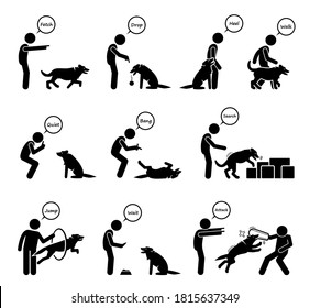 Advanced Dog Commands And Behavioral Training Icons Set. Vector Illustrations Of A Person Giving Hand Signals For The Dog To Follow In Obedient Learning. 