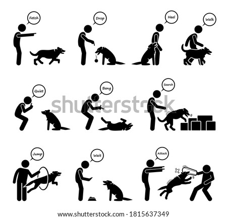 Advanced dog commands and behavioral training icons set. Vector illustrations of a person giving hand signals for the dog to follow in obedient learning. 