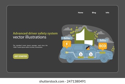 Advanced Driver Safety System in Electric Cars Illustration. This vector art highlights the integration of eco-friendly technology for enhanced safety features in electric vehicles.