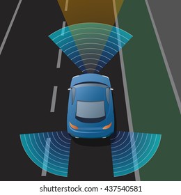 Advanced Driving Assistant System (ADAS), Blind Spot Monitoring, automobile sensing technology,  top view, vector illustration