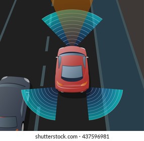 Advanced Driving Assistant System (ADAS), Blind Spot Monitoring, automobile sensing technology,  top view, vector illustration