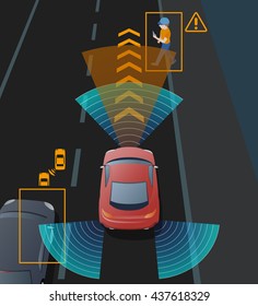 Advanced Driving Assistant System (ADAS), Blind Spot Monitoring, Automobile Sensing Technology, Draufsicht, Vektorgrafik