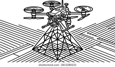An advanced drone conducts an aerial survey over a patterned landscape for precise data collection