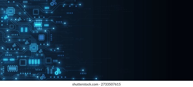 Advanced electronic circuit lines connect multiple artificial intelligence microchips and glowing data nodes, while mechanical gears and digital symbols occupy the left side of the composition
