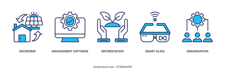 Gestión avanzada de energía e infraestructura renovable Ilustración vectorial de iconos de Anuncio de Web con microgrid, software de gestión, reforestación, vidrio inteligente, organización