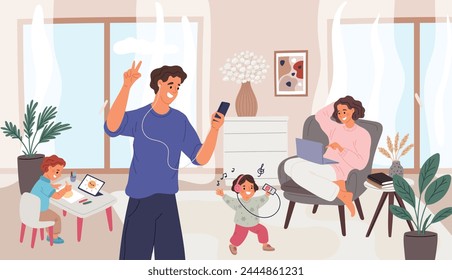 Familia avanzada con gadgets. Los niños felices y los padres escuchan música en casa. Las Personas dibujan o se comunican en las redes sociales. Usuarios de dispositivos móviles modernos. chillón