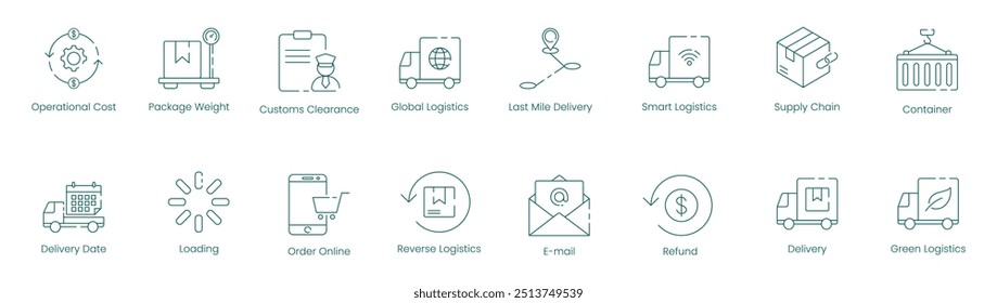 Advanced Global Logistics and Green Supply Chain Vector Icon Set for Delivery and Smart Operations
