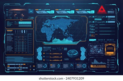 Advanced Global Surveillance Interface with Data Analytics and World Map Monitoring. HUD UI GUI data screen, digital dashboard interface and virtual infographics in futuristic style.