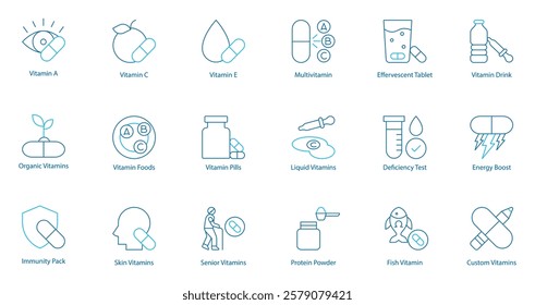 Advanced Health and Nutrition Vector Icon Set – Vitamin A, C, E, Organic and Custom Supplements, Immunity Pack, Foods, Skin and Senior Care, Multivitamins, Liquid Formulas, Protein Powder 