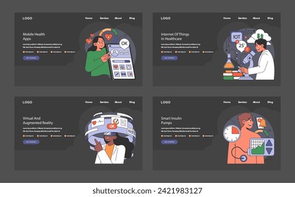 Advanced healthcare interface set. User-friendly mobile health apps, IoT integration in labs, AR in diagnostics, and insulin pump tech. Flat vector illustration.