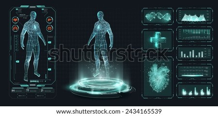 Advanced Human Body Analysis HUD with Digital Biometrics. High-tech health diagnostics interface showcasing human body scan with digital biometrics and health data in futuristic hud style. Vector
