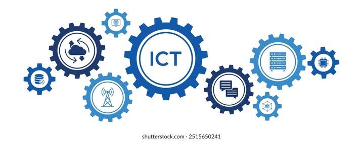 Banner de tecnologia avançada de TIC com sistemas de rede, antenas e ícones de soluções de dados em nuvem