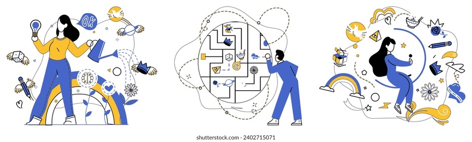 Advanced idea vector illustration. Breakthroughs are keys unlocking doors to new horizons in business exploration Advanced concepts are threads weaving tapestry successful innovations
