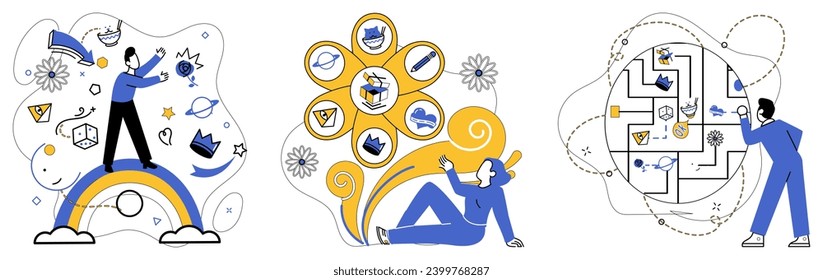 Advanced idea vector illustration. In garden progress, advanced idea is ever-blossoming flower success Strategy is compass steering ship business toward advanced horizons The advanced idea is melody