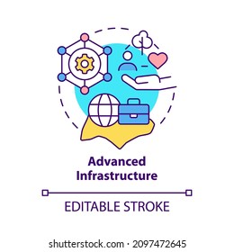 Advanced infrastructure concept icon. Move business to Asia abstract idea thin line illustration. Job growth. Isolated outline drawing. Editable stroke. Roboto-Medium, Myriad Pro-Bold fonts used