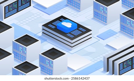 Advanced IT infrastructure featuring interconnected servers, cloud platforms, and virtualized networks. Vector isometric design ideal for cloud computing, big data, and digital storage