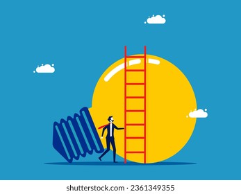 Advanced knowledge. Businessman climbs a ladder on a light bulb