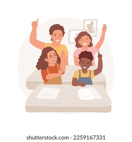 Advanced learners classroom isolated cartoon vector illustration. Children raising hand at lesson, gifted kids of different age sit in classroom, teacher writes advanced formula vector cartoon.