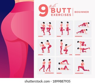 Advanced Level - Glute Exercises Set. Buttocks  workout vector Set. Women doing fitness exercises. 