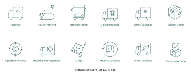 Advanced Logistics and Transportation Vetor Icon Set for Global and Smart Supply Chain Solutions (Conjunto avançado de ícones do vetor de logística e transporte para soluções de cadeia de fornecimento global e inteligente)
