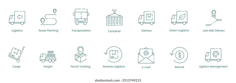 Advanced Logistics and Transportation Vetor Icon Set for Cargo, Freight, and Green Delivery Solutions (Conjunto avançado de ícones de logística e transporte para soluções de carga, frete e fornecimento ecológico)