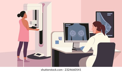 Advanced Mammography in a Medical Clinic, Expert Doctor Ensuring Early Detection of Breast Cancer for Female Patient's Health, flat vector illustration