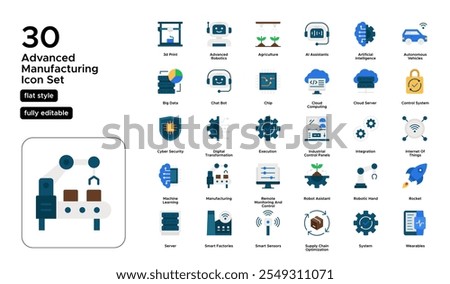 Advanced Manufacturing Flat Icon Set: Innovative Production, High-Tech Equipment, and Factory Operations Icons