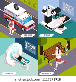 Advanced medical technologies concept 4 isometric icons with robotic doctor and fully automated operation isolated vector illustration