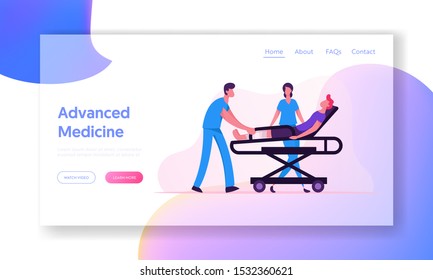 Advanced Medicine Website Landing Page. Ambulance Medical Staff Carrying Man Patient with Broken Leg to Hospital. Emergency Paramedic Medic Doctor Web Page Banner. Cartoon Flat Vector Illustration