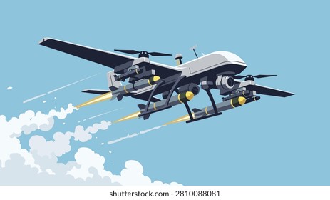 Advanced military combat drone equipped with missiles flying through a clear blue sky and leaving white smoke trails.