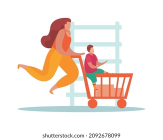 Composición plana de maternidad avanzada con personajes de madre e hijo en supermercado con ilustración vectorial de buggy