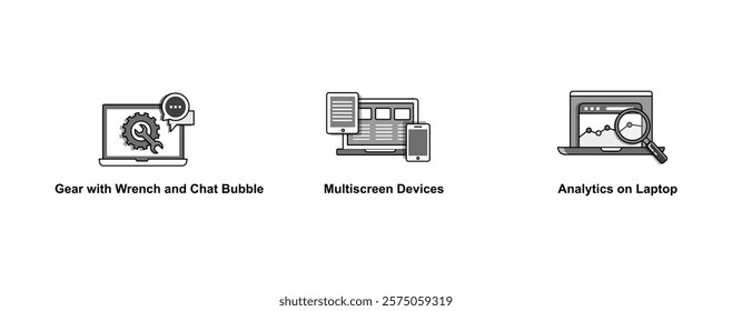 Advanced Multiscreen Systems. Multiscreen Devices, Gear with Wrench and Chat Bubble, Analytics on Laptop