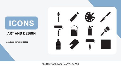 Advanced Painting and Drawing Tools Icons – Brush, Palette, Roller Vector Set