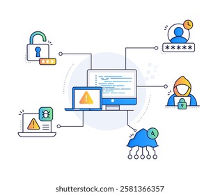 Advanced Persistent Threat (APT) Attack: Unauthorised Access and Security Breach Illustration. Editable Stroke.