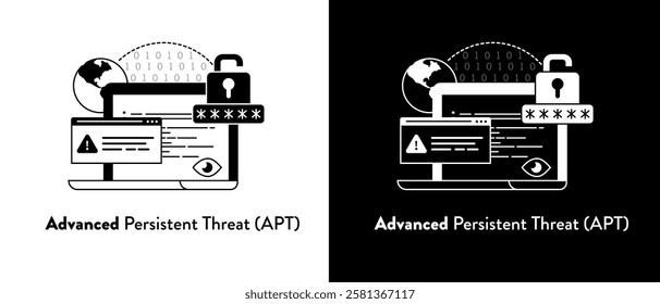 Advanced Persistent Threat (APT) concept – APT attack, APT Cyber Attack Vector, Cyber Espionage Graphic, Network Exploitation Symbol. Black and White Editable Stroke illustration.