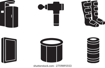 Advanced Physical Recovery Vector Icon Set Cryotherapy Chamber, Massage Gun, Compression Boots, Red Light Therapy, and Cold Plunge Tub