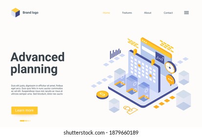 Advanced Planning Isometric Landing Page Vector Template. Time Management Website Design Layout. Automated Scheduling Web Page 3d Concept. Workflow Organization And Optimization Webpage Interface