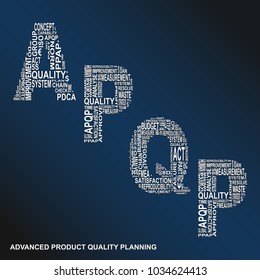 Advanced product quality planning diagonal typography background. Blue background with main title APQP filled by other words related with advanced product quality planning method