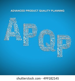 Advanced product quality planning diagonal typography background. Blue background with main title APQP filled by other words related with advanced product quality planning method