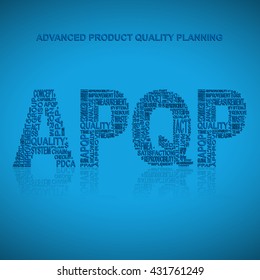 Advanced product quality planning typography background. Blue background with main title APQP filled by other words related with advanced product quality planning method. Vector illustration